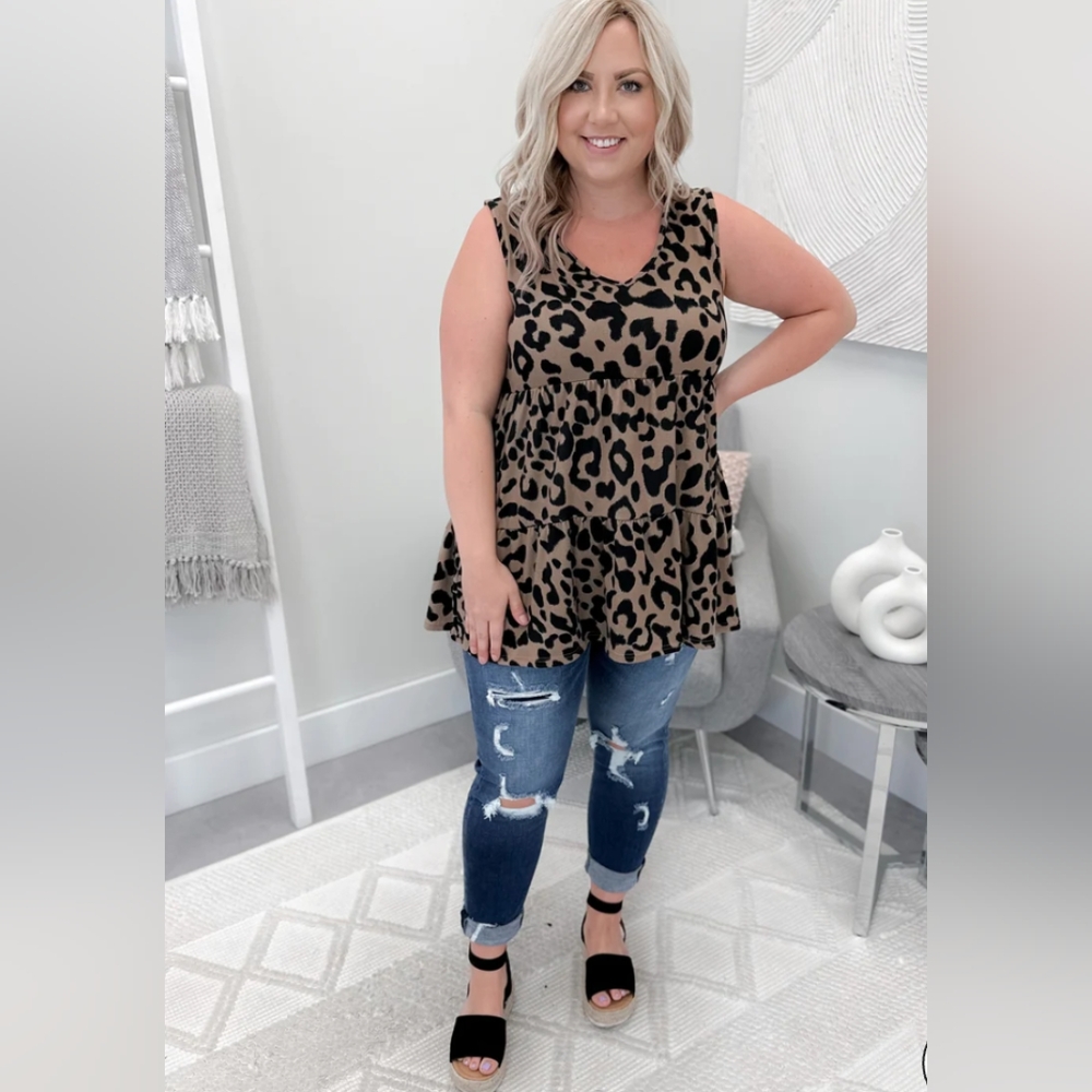 1x 2x 3x New  - SLEEVELESS V NECK ANIMAL PRINT TIERED TOP